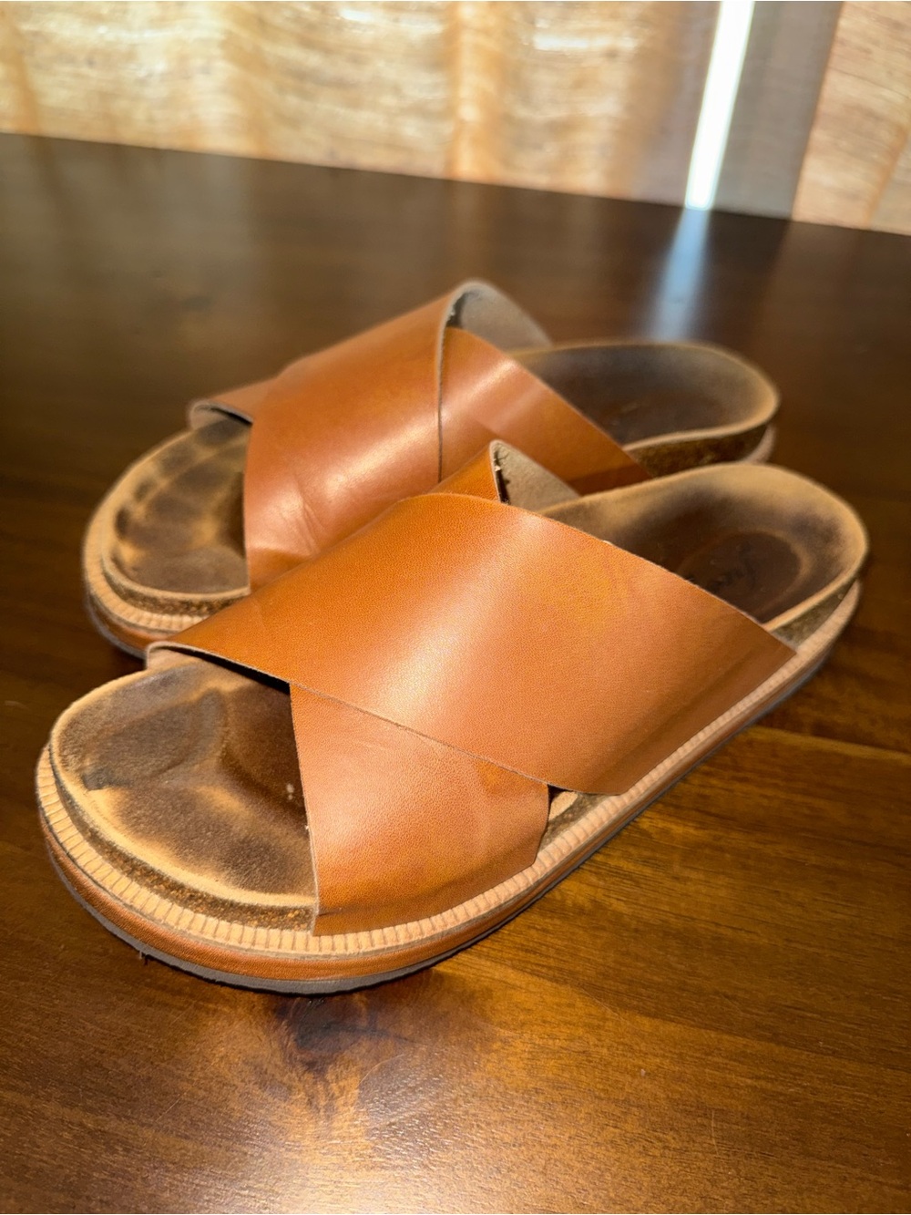 Free People Tan Leather Crossband Slide Sandals